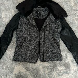 Guess Black and Gray Leather Jacket with Plush Collar and Zipper Closure